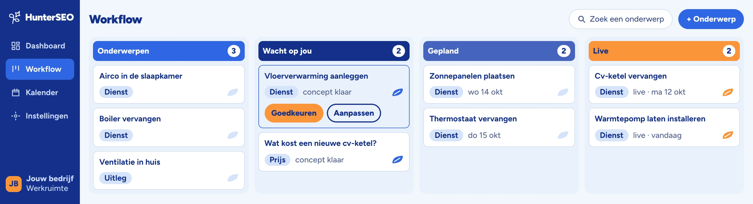 Schermafbeelding van het werkbord in HunterSEO. Vier kolommen: Onderwerpen, Wacht op jou, Gepland en Live. Bij Wacht op jou staat een concept klaar om goed te keuren.